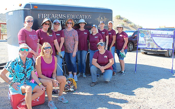 Girls with a Gun at the Douglas County Shooting Range. Seated DD Woodruff and Shelley Bowers Standing: Julie Ardizzone, Suze Ericson, Kathy Anderson, Ledene Johnson, Cat Fox, Bonnie McPeck, Marie-Laure Ilian, Tammy Uva and Judy Brooke. Kneeling Amber Carrillo