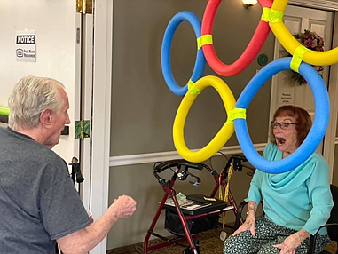 Carson Valley Senior Living residents and Team Poland members, Dottie Pritchard and Mike Andersen won the goldfish throwing Olympic-inspired contest by getting two out of five goldfish in their mouths.