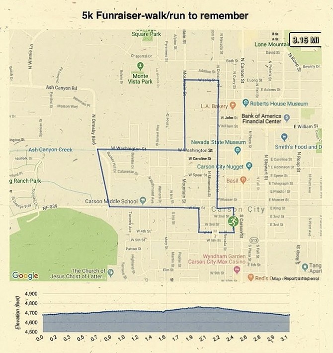 “A Walk/Run to Remember” participants will follow this 5-kilometer route through downtown Carson City.