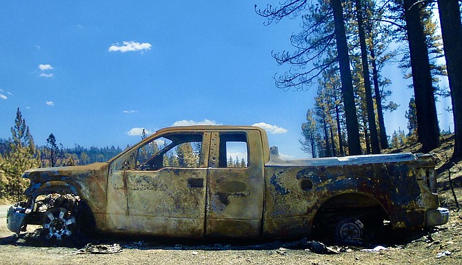 Bill Magladry’s truck, just past the entrance to Turtle Rock Park, after the Tamarack Fire went through. Lisa Gavon photo