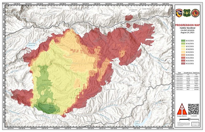 A map of the Caldor Fire's progression that was issued on Tuesday morning.
