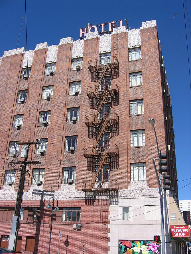 View of Reno’s El Cortez Hotel, built in 1931, which remains one of the finest examples of Art Deco architecture in the city.