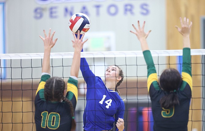 Carson High senior hitter Shannen von Duering goes up for a kill Tuesday against Bishop Manogue.