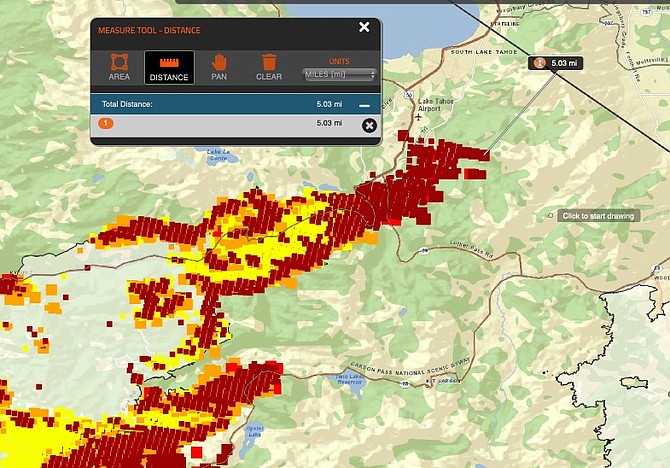 Tuesday morning's Fire Information for Resource Management System map shows hotspots five miles from the Nevada state line. The red may not be actual fire, but it is an indication of the route the fire could take.