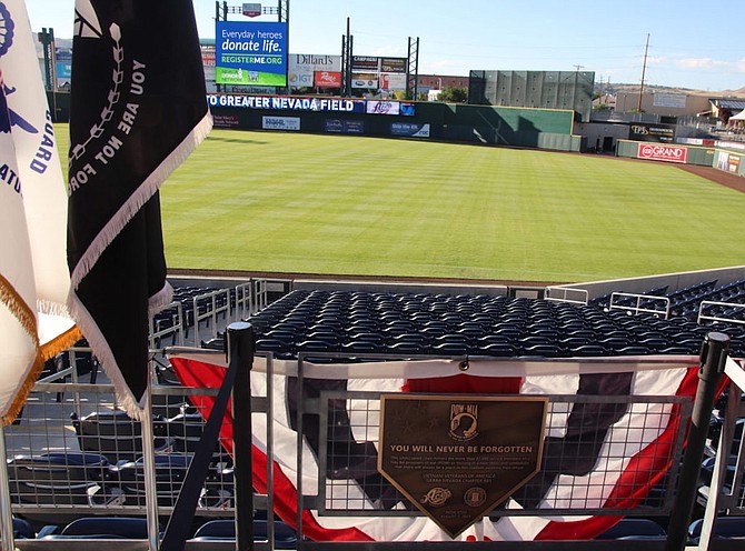 A plaque dedicated at Greater Nevada Field in 2019 recognizes prisoners of war and servicemen and women missing in action.