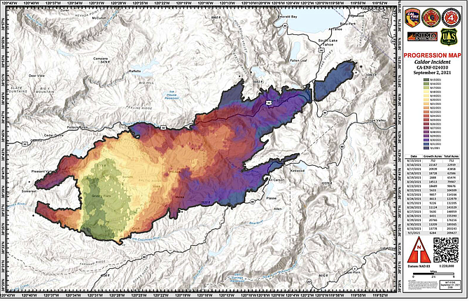 The Caldor Fire progression map as of Thursday morning. (Provided)