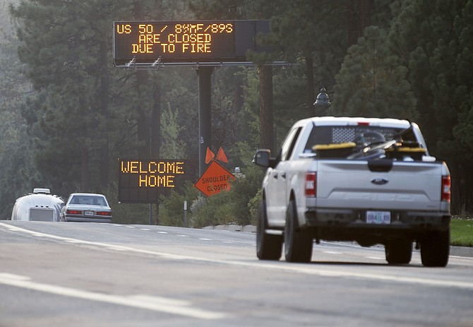 Traffic flows along Highway 50 in South Lake Tahoe on Sept. 5, 2021. (Jane Tyska/Bay Area News Group via AP)