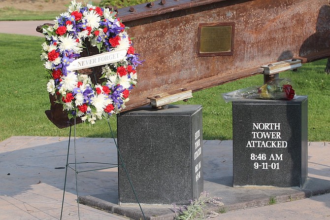 A beam made from the debris of the World Trade Center’s two towers is part of a permanent 9/11 memorial display at Mills Park. (Photo: Steve Ranson/LVN)