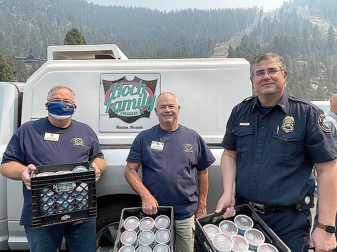 Kiwanians Charlie Holt, Gary Dove and Eric Guevin with a bunch of Hoch Family Creamery ice cream at Lake Tahoe.
