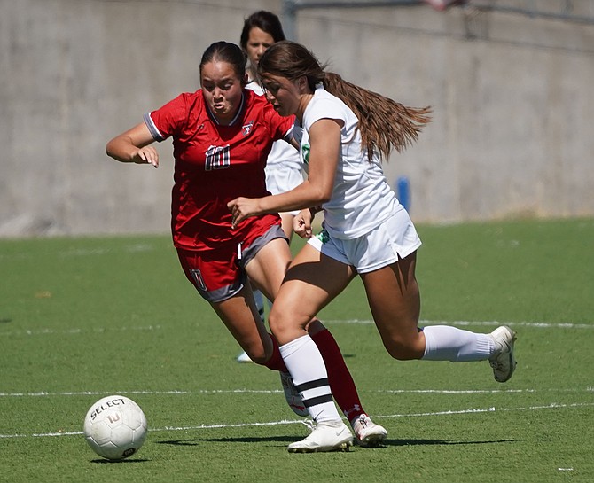Fallon’s Sydney Gusewelle battles for possession against Truckee on Saturday.