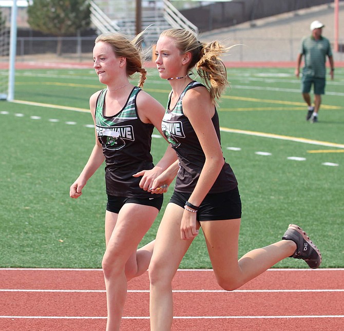 Fallon’s Zoey Brown, left, and Savanna Regli compete in the Fernley Roadhill Invitational.