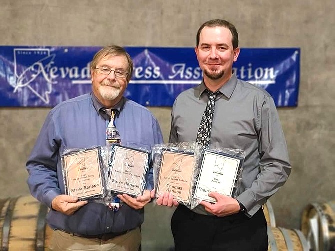 The Lahontan Valley News won 15 awards at Saturday’s annual Nevada Press Association convention and awards presentation. Thomas Ranson, right, had the top sports column in the state for all newspaper divisions in addition to receiving Best Portrait photo for rural newspapers. Editor Emeritus Steve Ranson earned first-place awards in Health News Story (or series), News Photo Coverage and Business Feature.