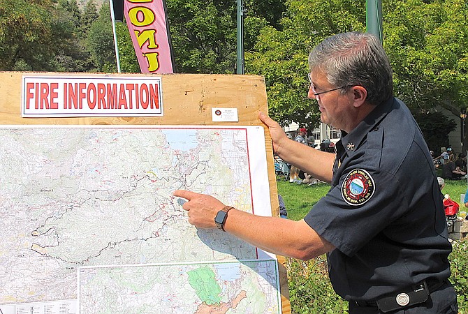 Tahoe-Douglas Fire Marshal Eric Guevin describes the Caldor Fire at the 2021 Candy Dance.