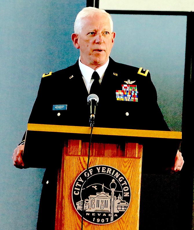 Retired Nevada Army National Guard Maj. Gen. Robert Herbert speaks at a dedication ceremony in Yerington in March 2021. (Photo: Steve Ranson/LVN)