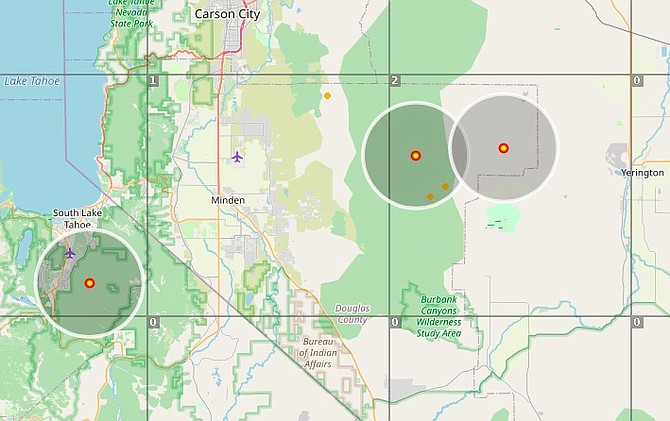 The Pine Nuts in northeastern Douglas County were peppered by lightning strikes this morning as seen from this 5:45 a.m. screen shot from Lightningmaps.org