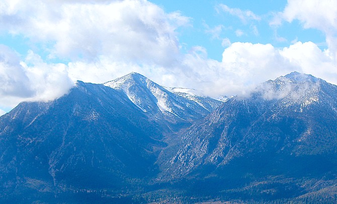 Snow from a brief downpour adorns Jobs Peak on October 8