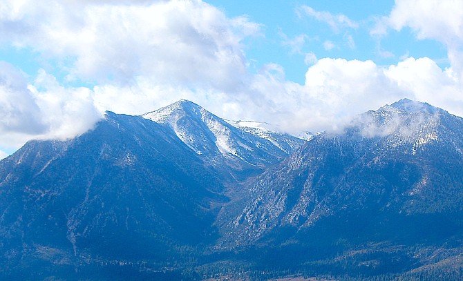 Snow from a brief shower adorns Jobs Peak on Oct. 8