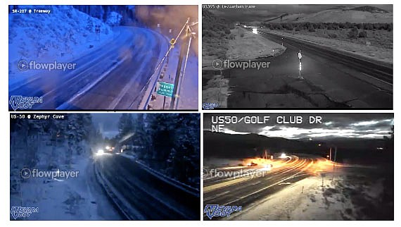 There're road controls on Kingsbury and Spooner this morning after snow fell in the mountains overnight. This montage includes traffic camera screen shots from Kingsbury, Spooner, Leviathan Mine Road and Glenbrook.