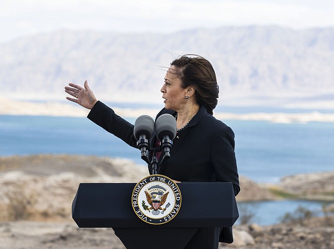 Vice President Kamala Harris addresses climate change and the drought-reduction of water at Lake Mead after visiting the Sunset Overlook at Lake Mead National Recreation Area, on Monday, Oct. 18, 2021, in Lake Mead, Nev. (Bizuayehu Tesfaye/Las Vegas Review-Journal via AP)