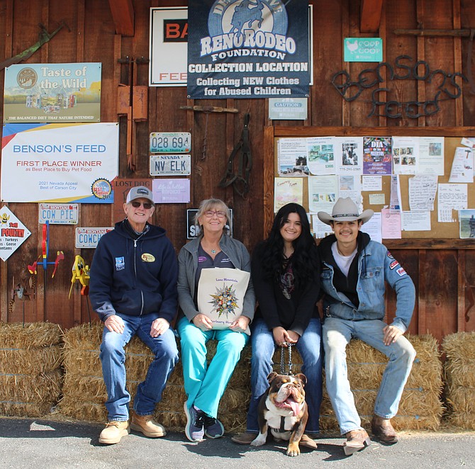 Picture from left are Jim Benson, owner Benson’s Feed, Margie Quirk, owner Lone Mountain Veterinary Hospital, Brutus with owner Deanina Renfrow of Carson City and friend Christian Koepsell. Brutus won the contest on nevadaappeal.com over more than 250 other entries. More than 2,500 votes were cast.