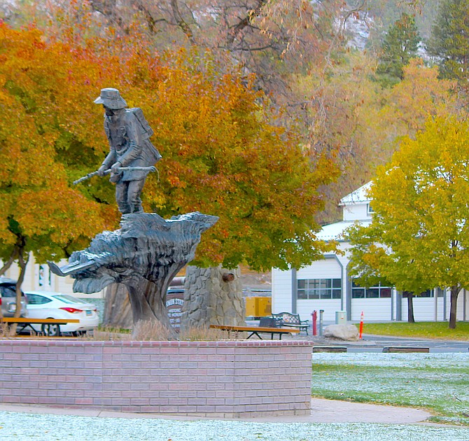 Light snow was still in the grass on Monday morning at Mormon Station State Historic Park in Genoa.