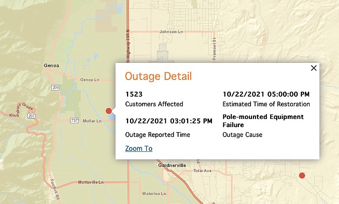 A screen shot of the NV Energy map showing a power outage in Carson Valley.