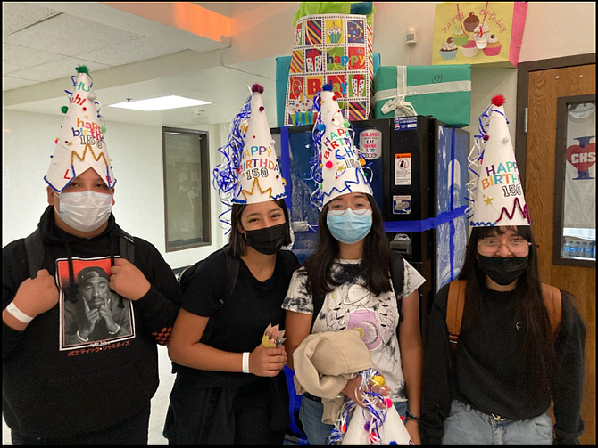 CHS Leadership makes their own party hats to celebrate Carson High's 150th birthday.