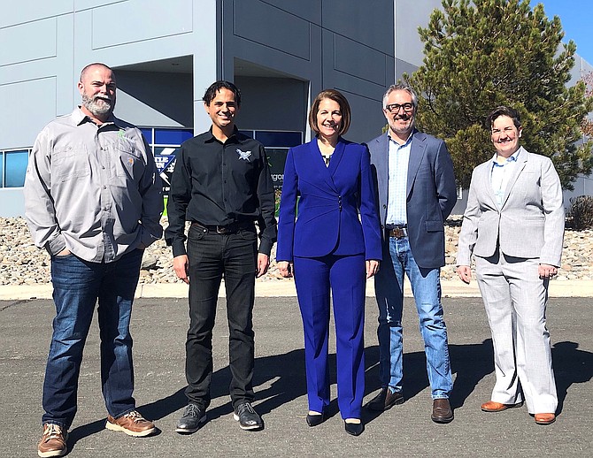 During the tour, Nevada Sen. Catherine Cortez Masto met with Sean Nichols, far left, and Denis Phares, second from left, co-founders of Dragonfly Energy.