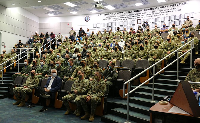 Gov. Steve Sisolak met with members of the Nevada National Guard on Friday to thank them for providing personal protective equipment and food distribution during the Silver State’s pandemic response last summer.