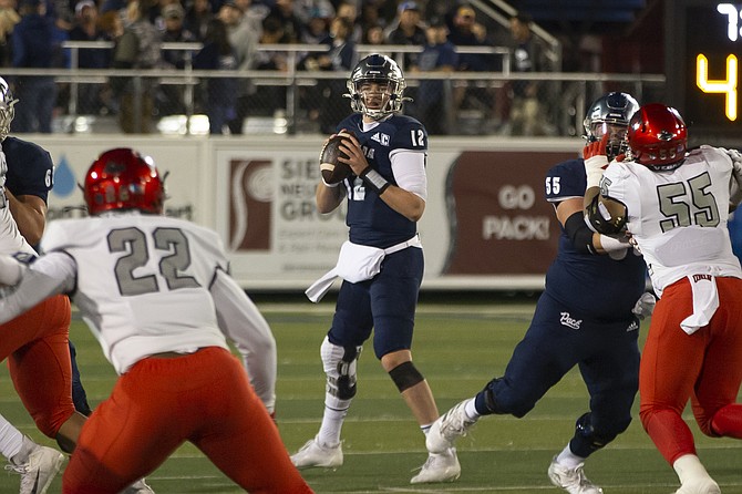 Nevada quarterback Carson Strong against UNLV in Reno on Oct. 29, 2021. (AP Photo/Tom R. Smedes)