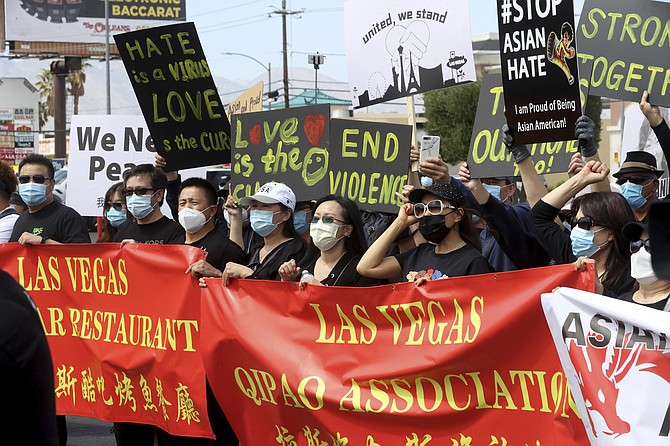 People rally at a ‘Stop Asian Hate’ event at Chinatown Plaza Las Vegas on April 1, 2021. (K.M. Cannon/Las Vegas Review-Journal via AP)