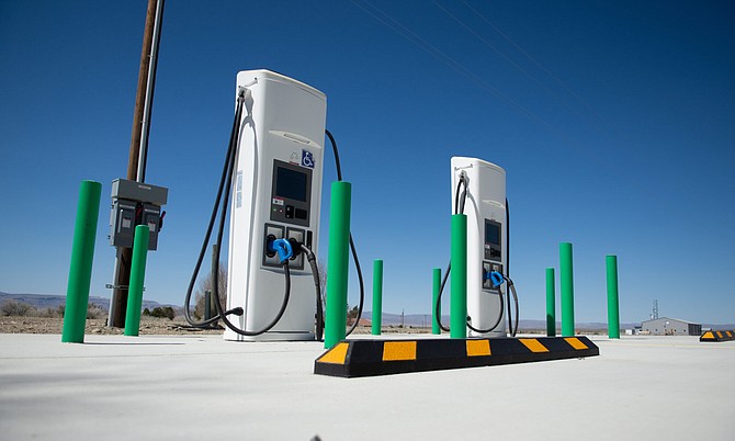 Electric vehicle charging stations in Orovada, Nev. on April 27, 2021. Orovada is located near the planned Thacker Pass lithium mine in rural Northern Nevada.