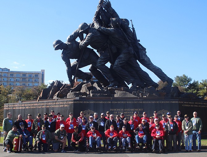 The Honor Flight Nevada veterans pose in front of the Iwo Jima Memorial. (Photo: Steve Ranson/LVN)