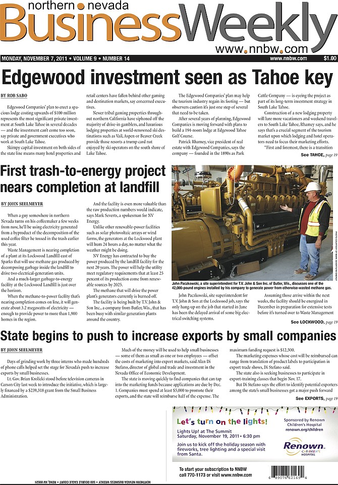 Cover page of the Nov. 7, 2011, Northern Nevada Business Weekly.