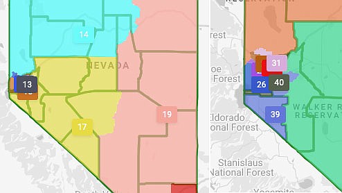 The proposed Nevada Senate District 17, left, will expand east to include parts of Nye and Lander counties, in addition to Esmeralda, Mineral, Churchill and Lyon counties. Assembly District 39 will continue to include Douglas and western Lyon County.