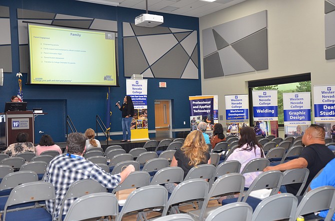 Indigenous Student Association Adviser Sylvia Verdugo delivers a presentation to parents in August at Western Nevada College.
