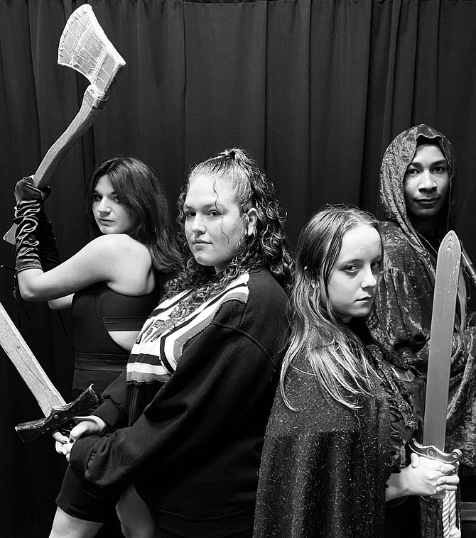 From left to right are Harlie MacDougall as Lilith Morningstar, Rhiannon Karr as Agnes Evans (understudy), Elena Brugger as Tillius the Paladin, and Erich Parker as Orcus the Demon Lord
