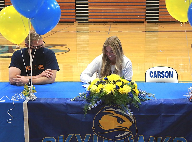 Carson High’s Caydee Farnworth signs her Letter of Intent to play softball at Fort Lewis College in Durango, Colorado next fall. The Skyhawks are a Div. II program in the Rocky Mountain Athletic Conference (RMAC).
