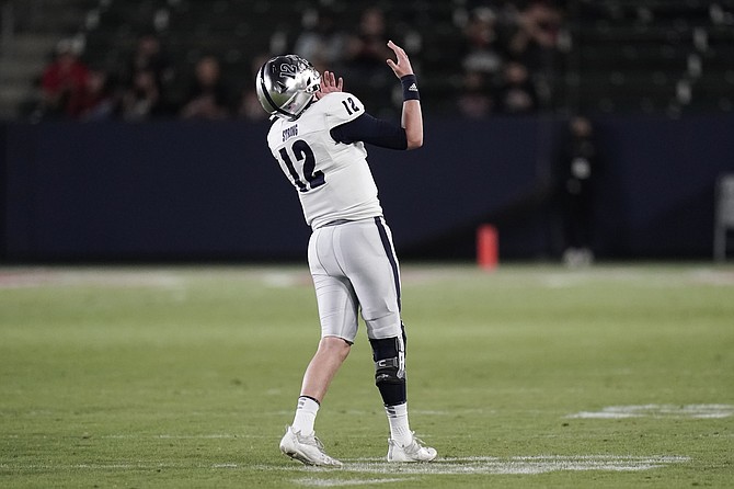 Nevada quarterback Carson Strong reacts to a play against San Diego State on Nov. 13, 2021, in Carson, Calif. (AP Photo/Jae C. Hong)