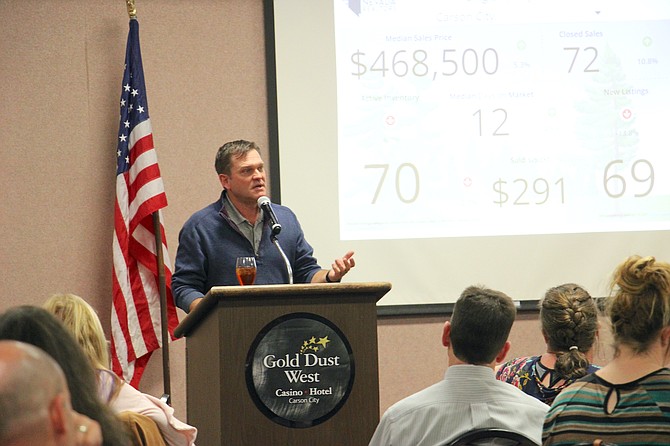 Aaron West, CEO of the Nevada Builders Alliance, addresses a Chamber lunch in Carson City on Nov. 16, 2021. (Photo: Faith Evans/Nevada Appeal)