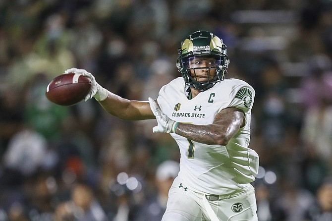 Colorado State quarterback Todd Centeio fires against Hawaii on Nov. 20, 2021, in Honolulu. (AP Photo/Darryl Oumi)