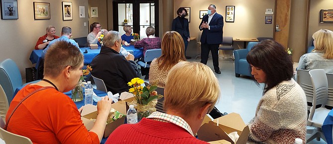 WNC President Vincent Solis, background right, talks about new Fallon Campus Director Jessica Rowe in front of luncheon attendees Nov. 17 in Fallon.