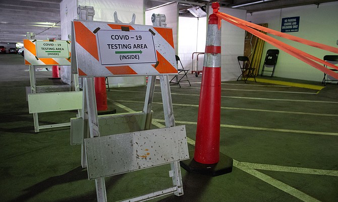 The entrance to the COVID-19 testing area inside the legislative parking garage on the fourth day of the 81st session of the Nevada Legislature in Carson City on Thursday, Feb. 4, 2021.