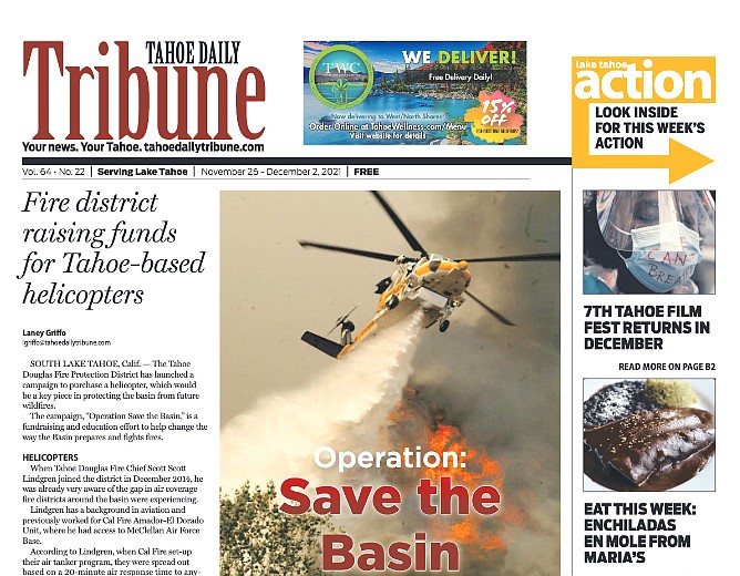 Screenshot of the cover of the Nov. 26 print edition of the Tahoe Daily Tribune, based in South Lake Tahoe.