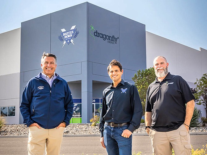 The first LaunchNevada networking event featured Denis Phares and Sean Nichols, co-founders of Dragonfly Energy, pictured with UNR President Brian Sandoval.