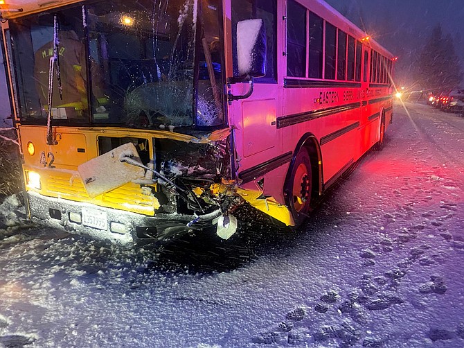 An Eastern Sierra Unified School District bus was damaged in a head-on collision on Monday.