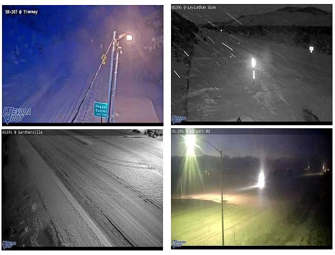 Traffic cameras show snow both at Lake Tahoe and Carson Valley this morning.