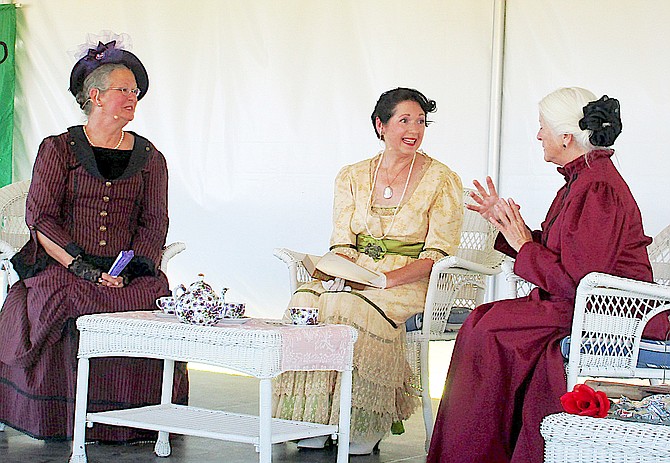 DebiLynn Smith as Anna N. Harris (pioneer Nevada business owner); Kim Harris as Lillian V. Finnegan (suffragist and originator of Genoa Candy Dance Festival); and Cindy Southerland as Annie H. Martin (first woman directing the U.S. Assay Office at Carson City), present Chautauqua at the Dangberg Home Ranch in 2019.
