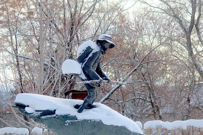 The statue of Snowshoe Thompson got its skis wet this weekend thanks to nearly a foot of snow in Genoa.