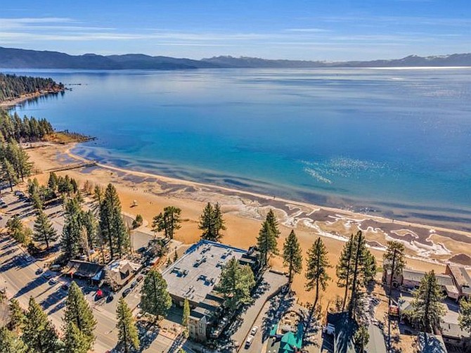 Overhead view of the Beesley Cottages property at 6674 North Lake Blvd. in Tahoe Vista, California.